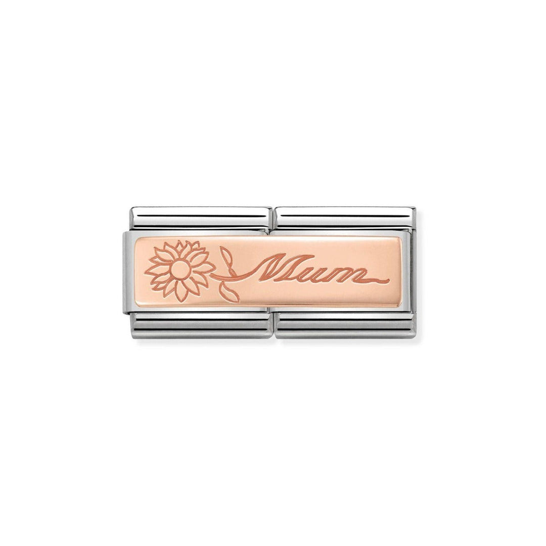 Niche Jewellery rose gold double link charm engraved with 'Mum' and a sunflower motif.