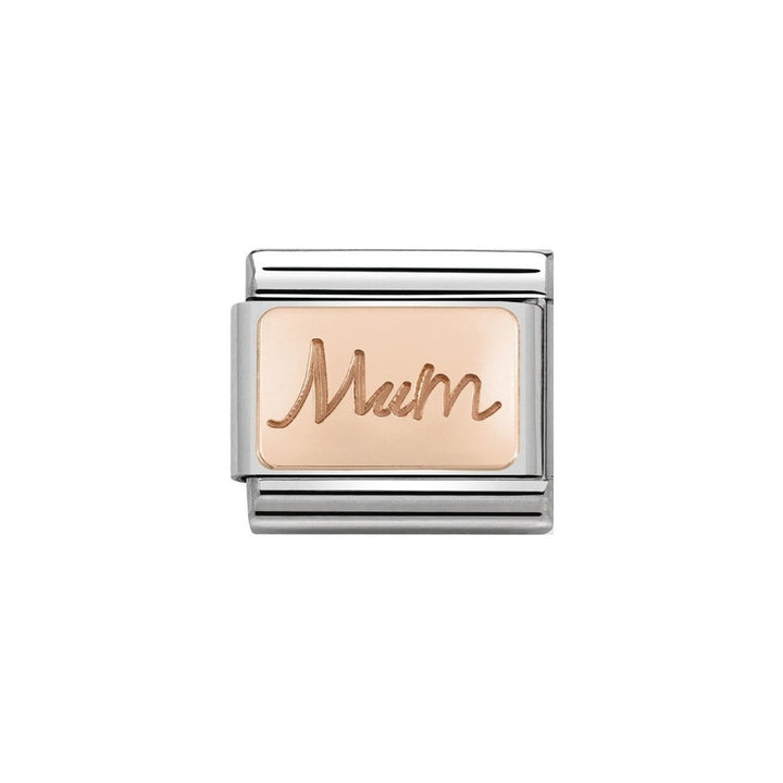 Niche Jewellery rose gold plated stainless steel Mum charm with engraved script.
