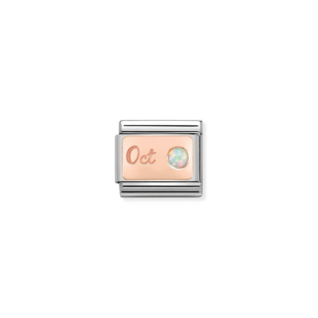 Niche Jewellery rose gold charm with 'Oct' engraving and a white opal birthstone, part of the Nomination Composable collection.