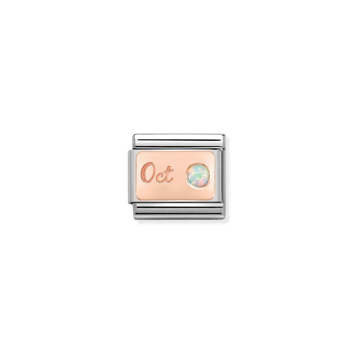 Niche Jewellery rose gold charm with 'Oct' engraving and a white opal birthstone, part of the Nomination Composable collection.