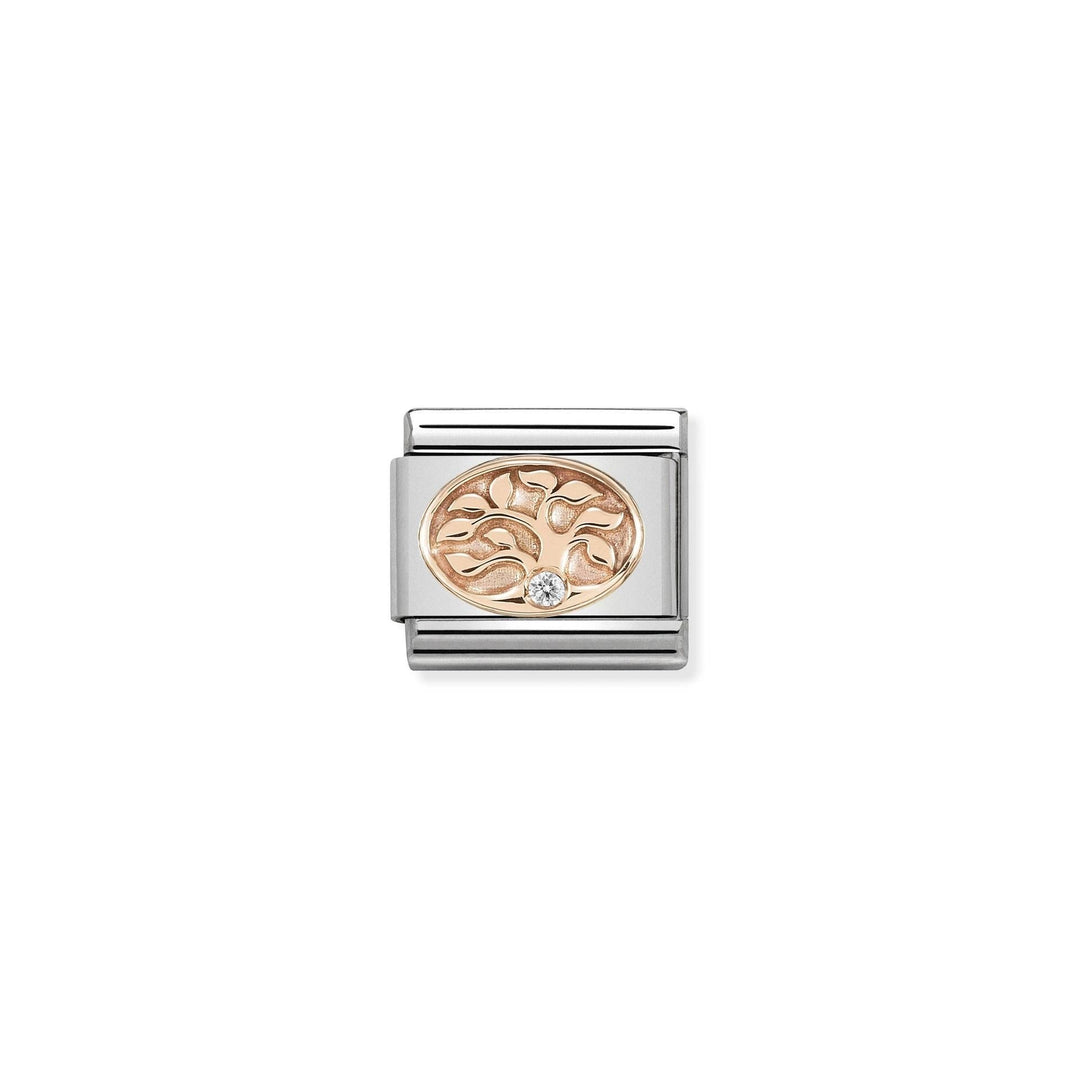 Niche Jewellery stainless steel charm with 9K rose gold Tree of Life design and a small zirconia stone.