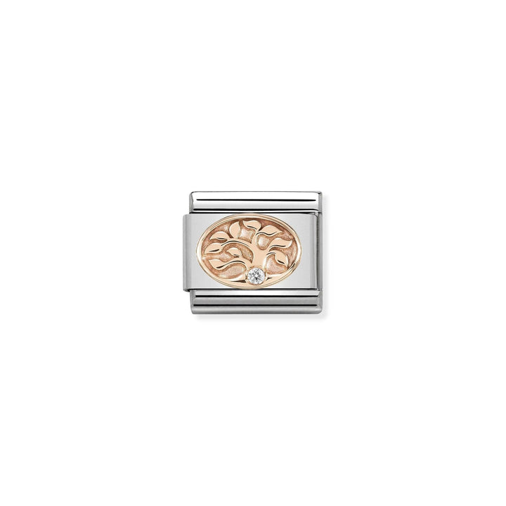 Niche Jewellery stainless steel charm with 9K rose gold Tree of Life design and a small zirconia stone.