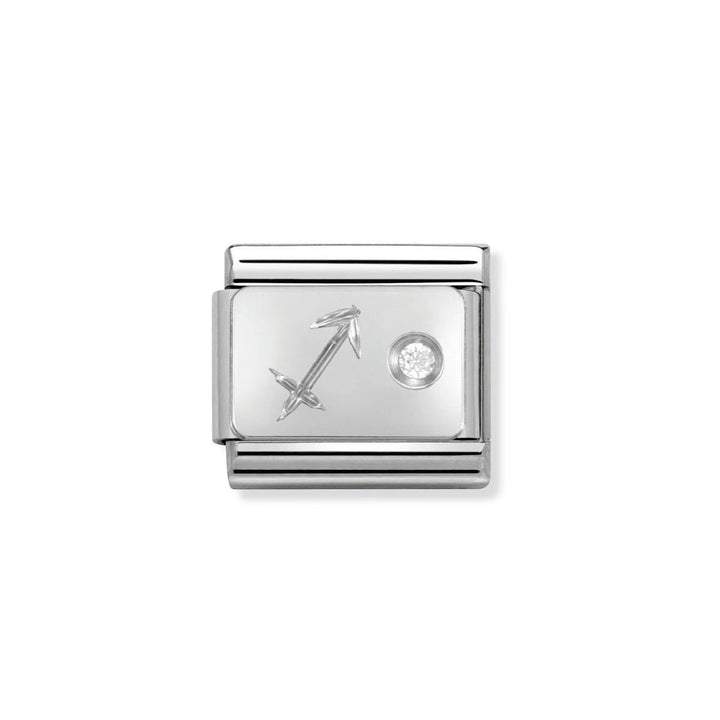 Niche Jewellery silver Sagittarius zodiac charm with cubic zirconia detail. Stainless steel and sterling silver.