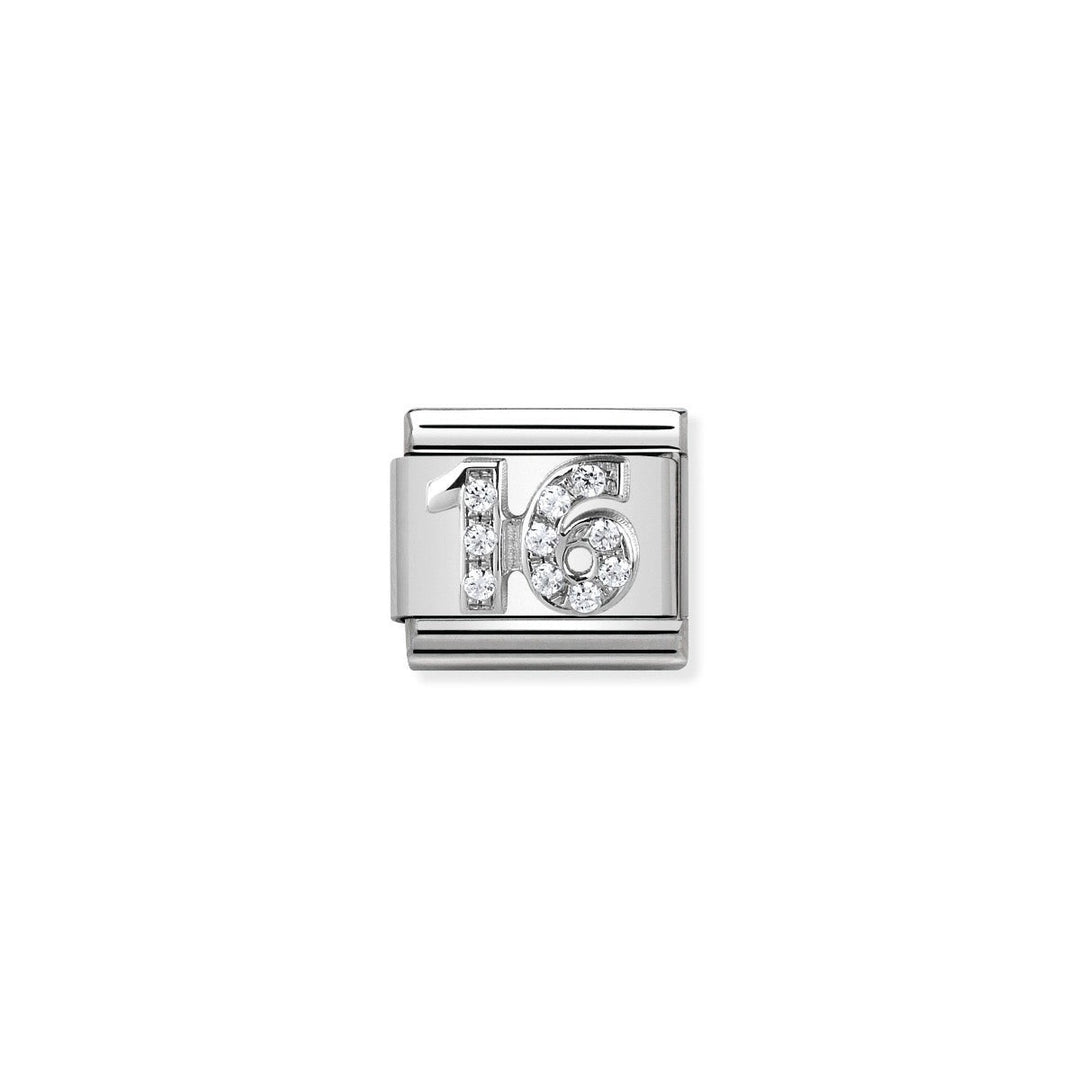 Niche Jewellery silver charm with a '16' design encrusted with cubic zirconia stones. Ideal for a 16th birthday.
