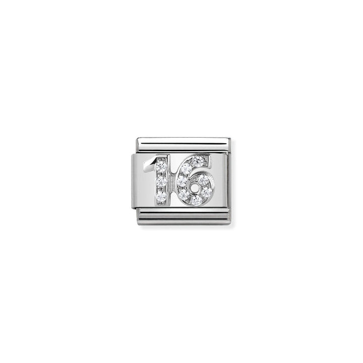 Niche Jewellery silver charm with a '16' design encrusted with cubic zirconia stones. Ideal for a 16th birthday.
