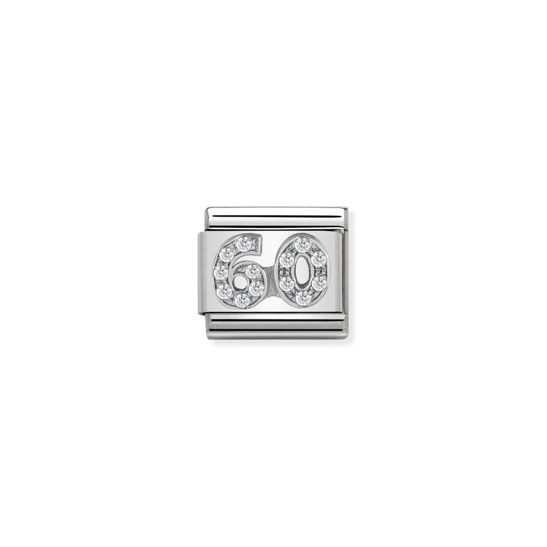 Niche Jewellery silver charm with '60' design encrusted with cubic zirconia stones.