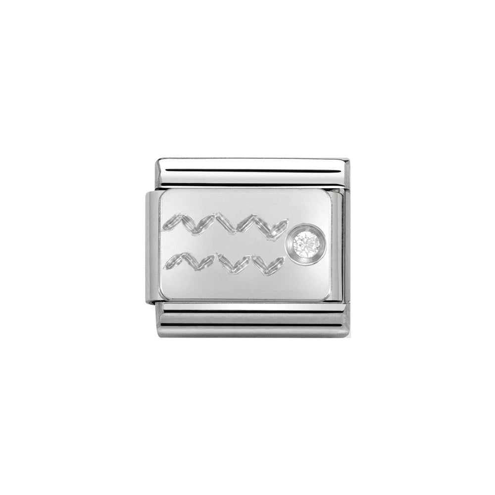 Niche Jewellery silver Aquarius zodiac charm with wavy lines and a cubic zirconia stone.