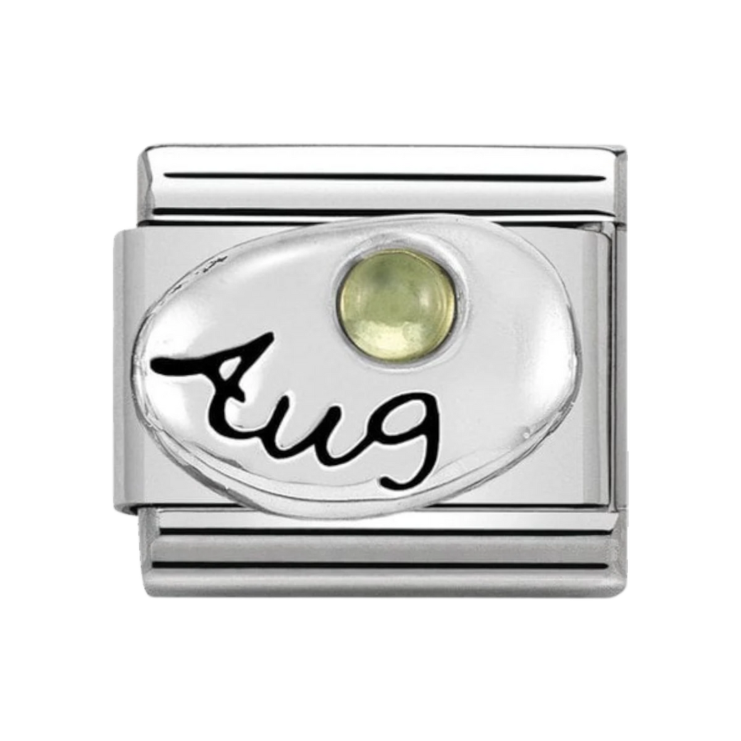 Niche Jewellery silver charm with 'Aug' engraving and a light green peridot stone, for Nomination bracelets.