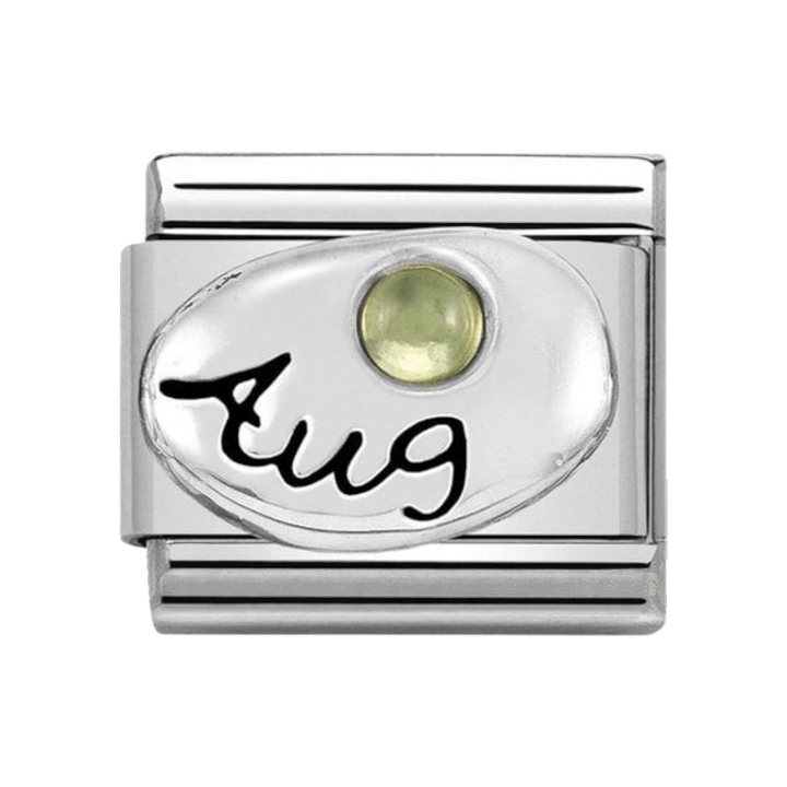 Niche Jewellery silver charm with 'Aug' engraving and a light green peridot stone, for Nomination bracelets.