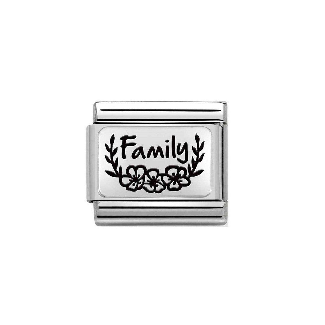 Niche Jewellery silver and black enamel family charm with floral detail. Compatible with Nomination Classic bracelet.