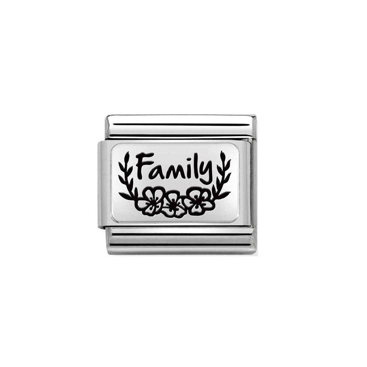 Niche Jewellery silver and black enamel family charm with floral detail. Compatible with Nomination Classic bracelet.