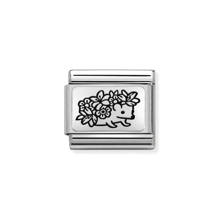 Niche Jewellery sterling silver and black enamel hedgehog charm adorned with flowers, designed for Nomination composable bracelets.