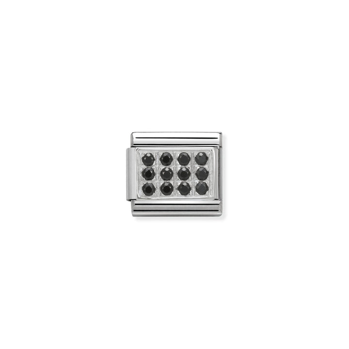 Niche Jewellery silver charm with pave black zirconia grid design, crafted from stainless steel and 18k gold.