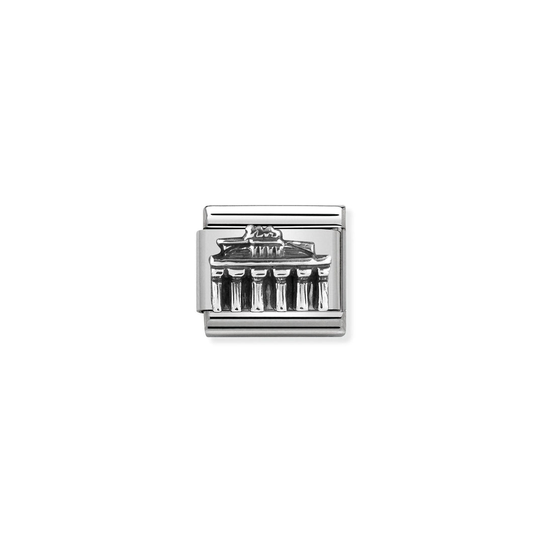 Niche Jewellery silver Brandenburg Gate charm with oxidised sterling silver detailing, made from stainless steel.