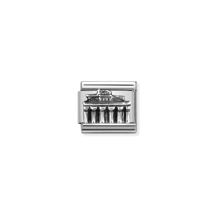 Niche Jewellery silver Brandenburg Gate charm with oxidised sterling silver detailing, made from stainless steel.