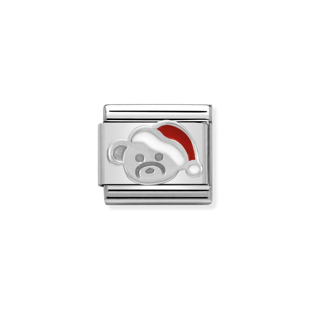 Niche Jewellery silver and red enamel bear charm with Christmas hat and sad face detail.