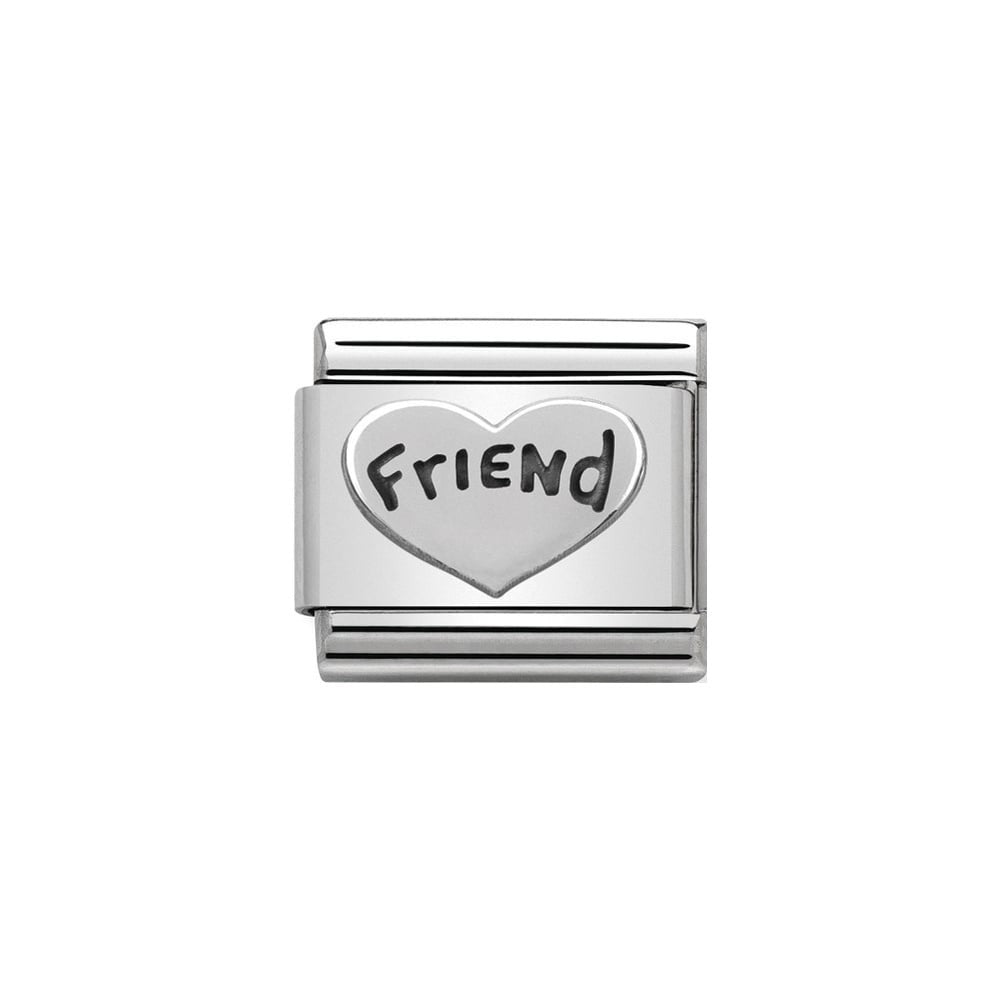 Niche Jewellery silver oxidised heart charm engraved with "Friend", crafted from stainless steel and sterling silver.