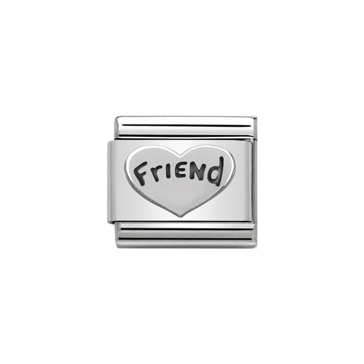 Niche Jewellery silver oxidised heart charm engraved with "Friend", crafted from stainless steel and sterling silver.