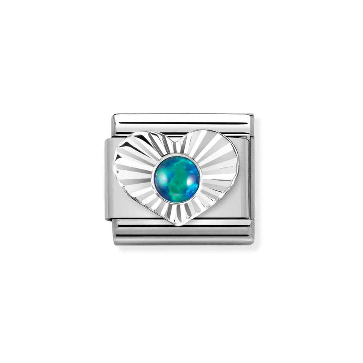 Niche Jewellery silver fluted bezel heart charm with a green opal centre.
