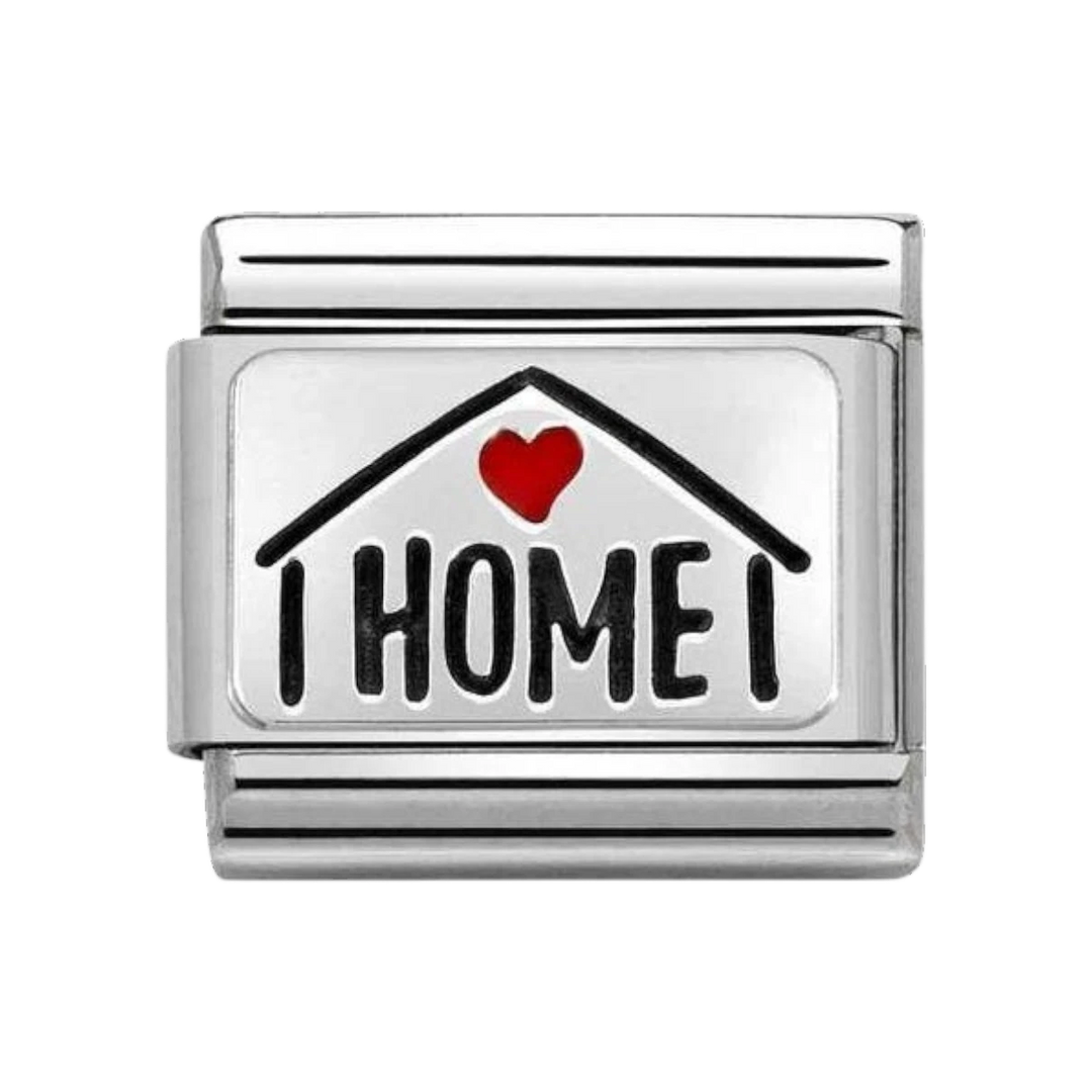 Niche Jewellery Nomination silver charm with a house silhouette and red enamel heart, engraved with 'HOME'.