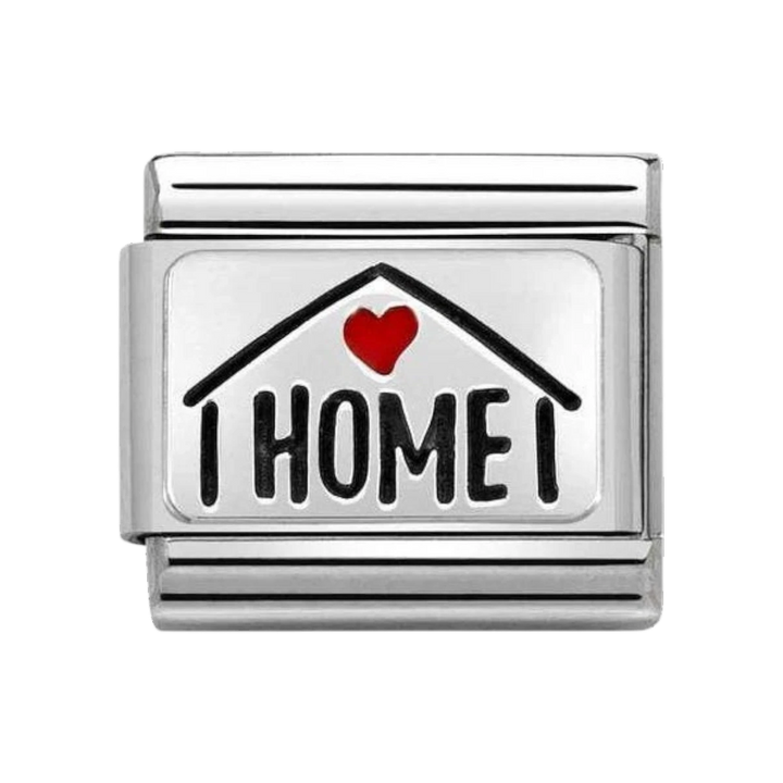 Niche Jewellery Nomination silver charm with a house silhouette and red enamel heart, engraved with 'HOME'.