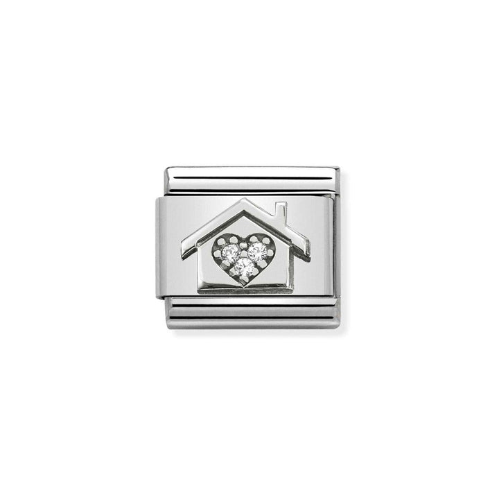 Niche Jewellery silver charm featuring a house outline with a heart shape inside, adorned with three cubic zirconia stones.