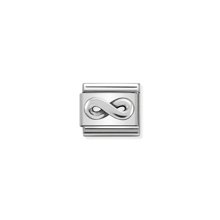 Niche Jewellery silver oxidised stainless steel charm with an infinity symbol, representing everlasting love.