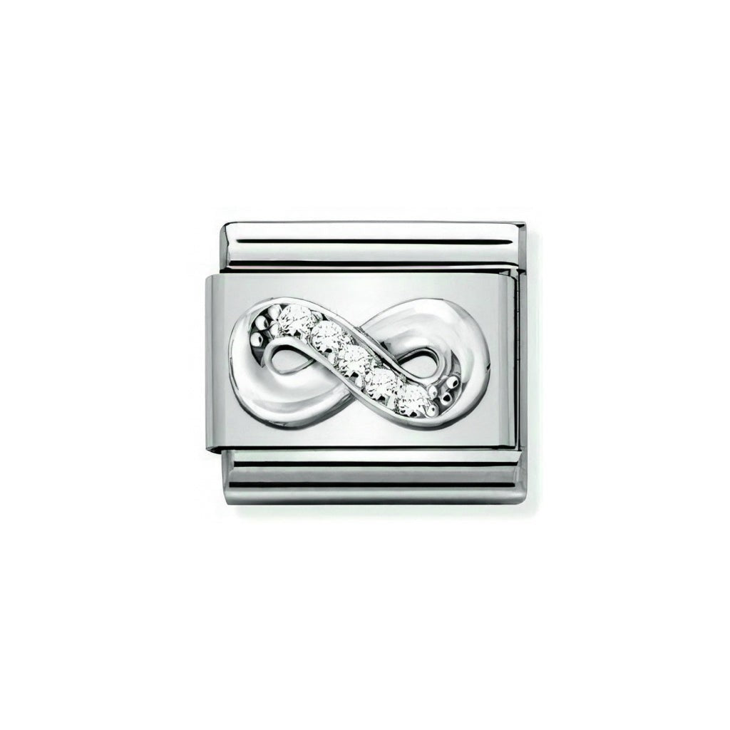 Niche Jewellery sterling silver charm with an infinity symbol adorned with white cubic zirconia.