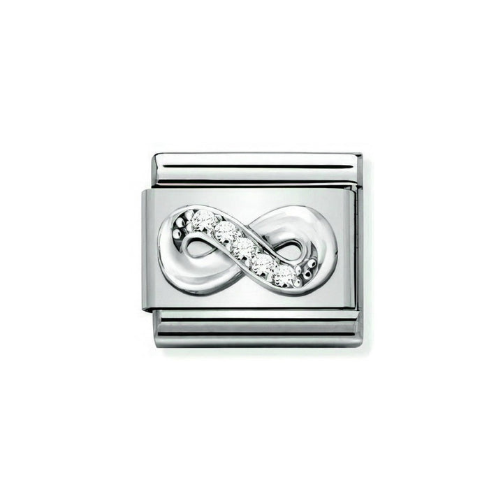 Niche Jewellery sterling silver charm with an infinity symbol adorned with white cubic zirconia.