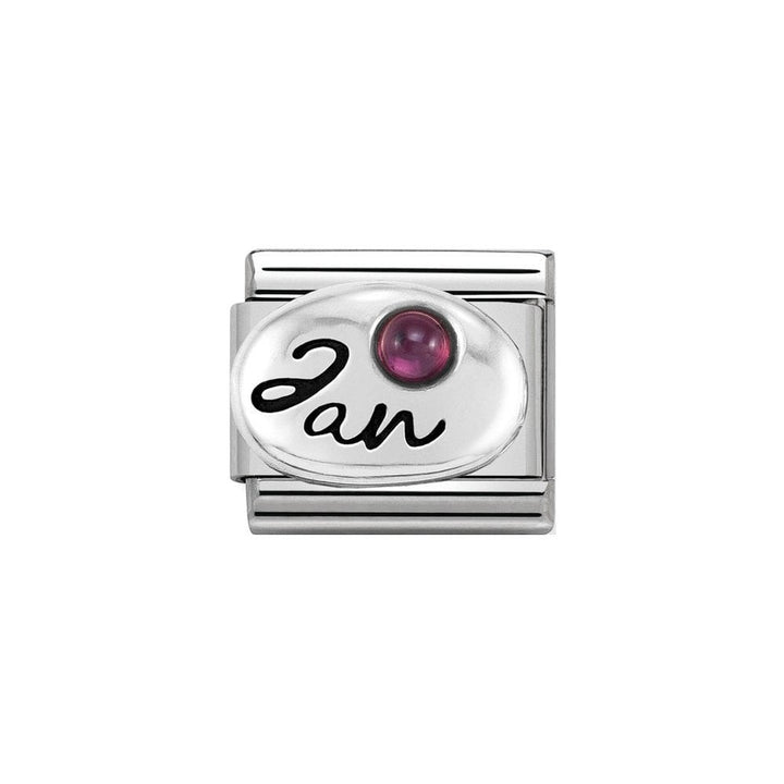 Niche Jewellery silver charm with 'Jan' engraving and a round deep pink garnet zirconia stone, representing January birthstone.