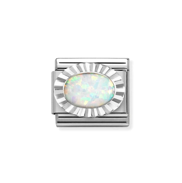 Niche Jewellery silver charm with fluted bezel and oval white opal stone. Perfect for charm bracelets.