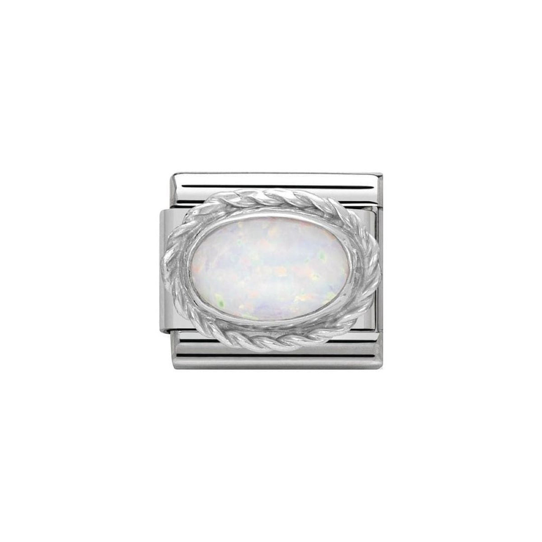Niche Jewellery silver charm with oval white opal stone and twisted rope setting. Compatible with Nomination charm bracelets.