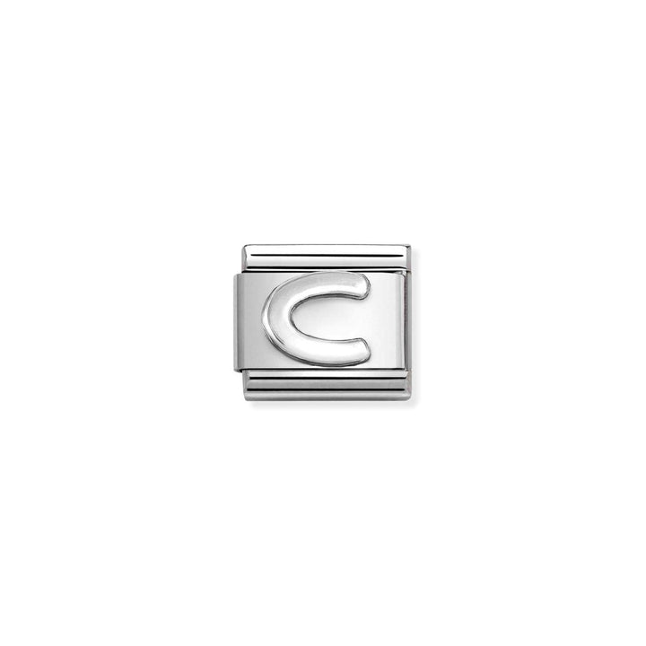 Niche Jewellery silver oxidised letter C charm, classic design with engraved lines.