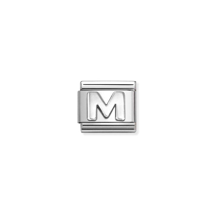 Niche Jewellery silver oxidised charm with raised letter M. Classic style, perfect for personalised bracelets.