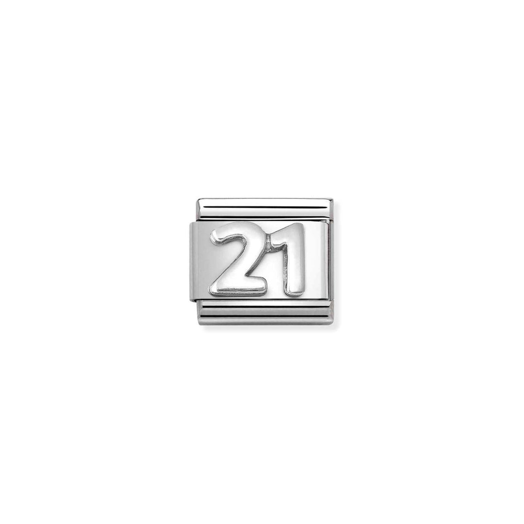 Niche Jewellery silver oxidised stainless steel and sterling silver charm with a vintage effect and the number 21 symbol.