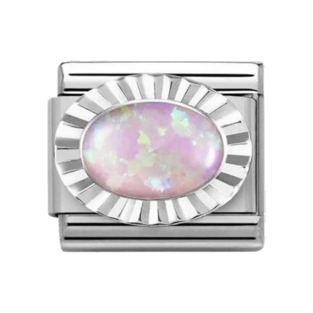 Niche Jewellery silver fluted bezel charm with an oval pink opal stone, perfect for Nomination charm bracelets.