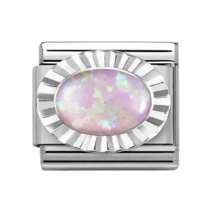 Niche Jewellery silver fluted bezel charm with an oval pink opal stone, perfect for Nomination charm bracelets.