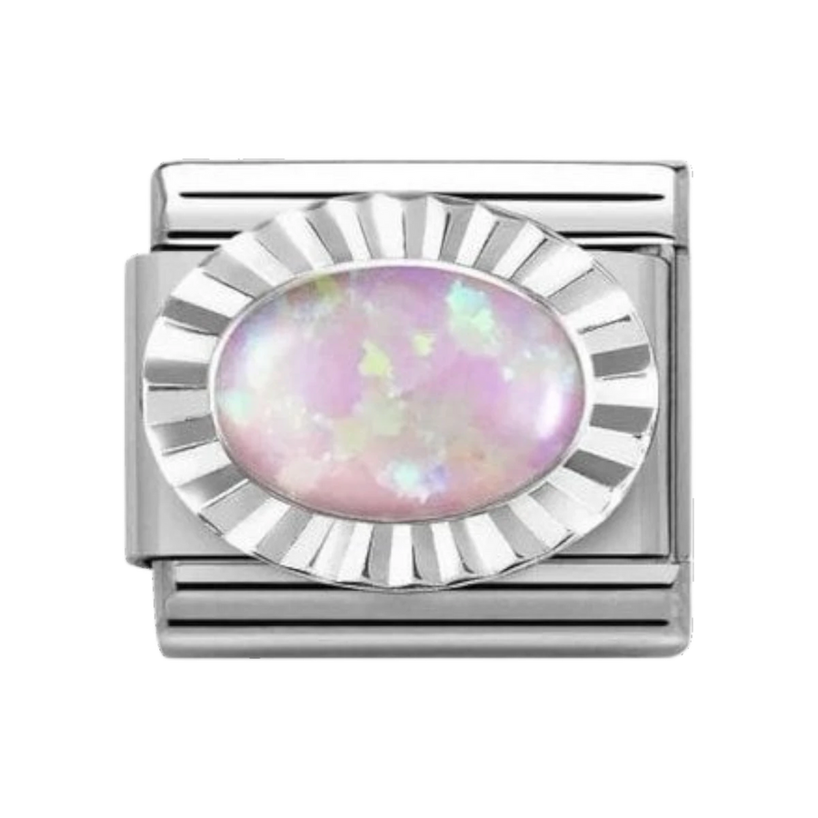 Niche Jewellery silver fluted bezel charm with an oval pink opal stone, perfect for Nomination charm bracelets.
