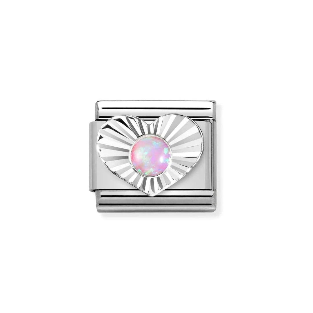 Niche Jewellery silver charm with a fluted heart design featuring a pink opal stone.