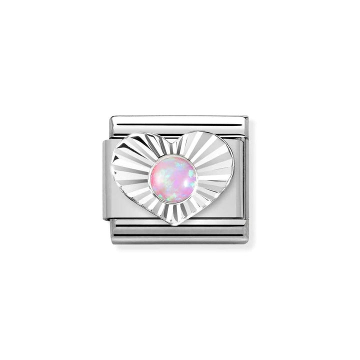Niche Jewellery silver charm with a fluted heart design featuring a pink opal stone.