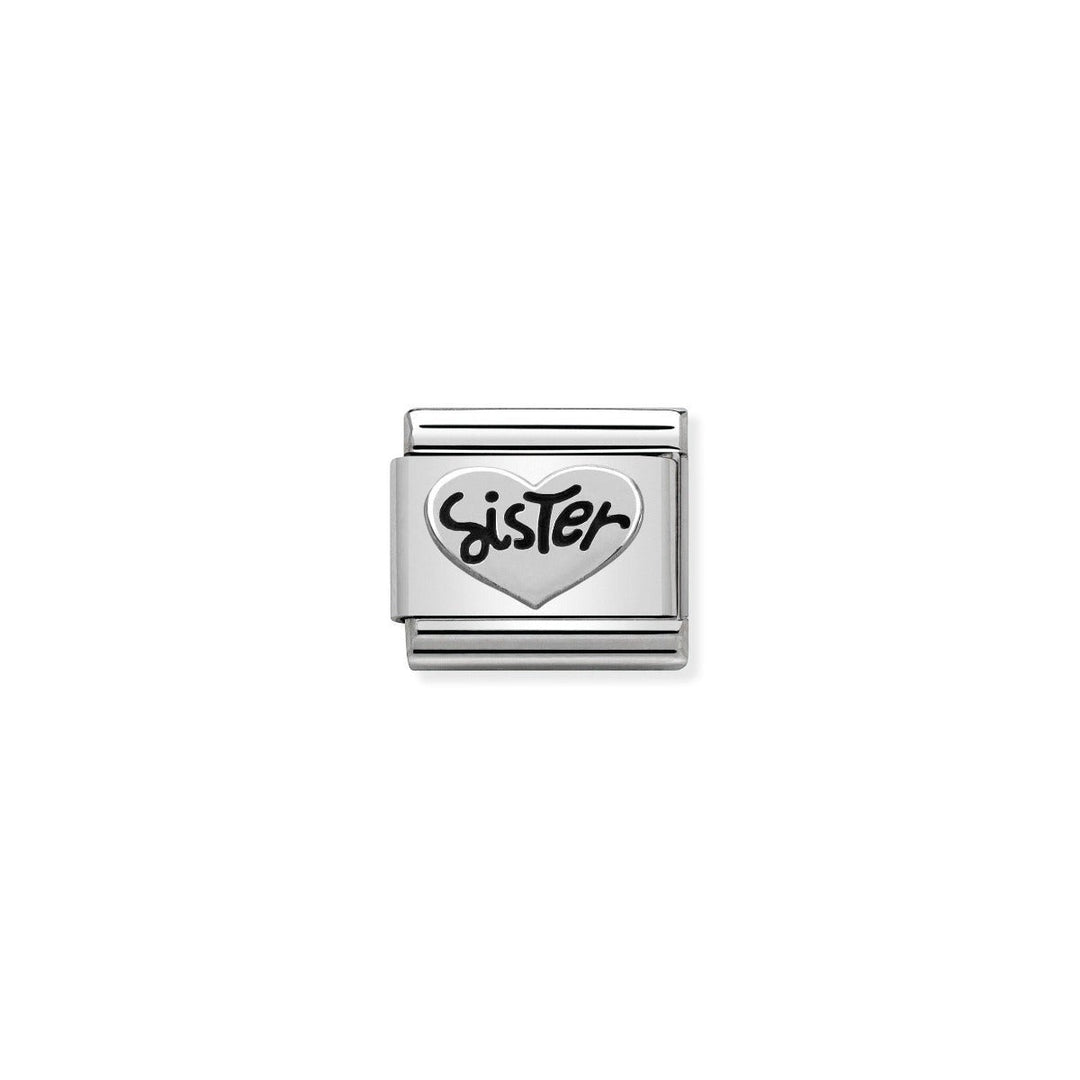 Niche Jewellery silver oxidised charm with a heart shape engraved with the word Sister in black script.
