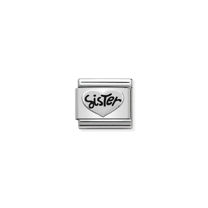 Niche Jewellery silver oxidised charm with a heart shape engraved with the word Sister in black script.