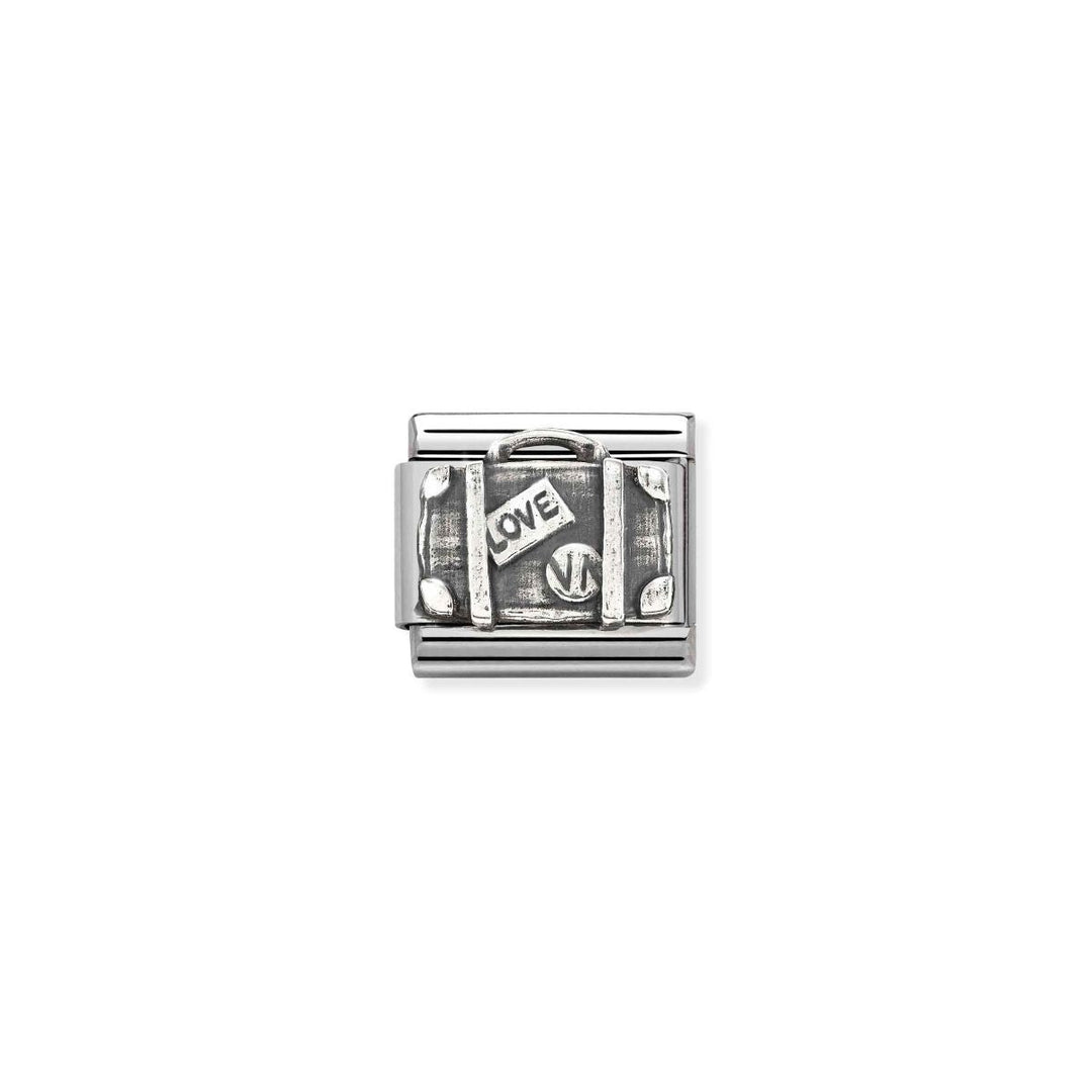 Niche Jewellery oxidised silver charm shaped like a suitcase with 'LOVE' tag.