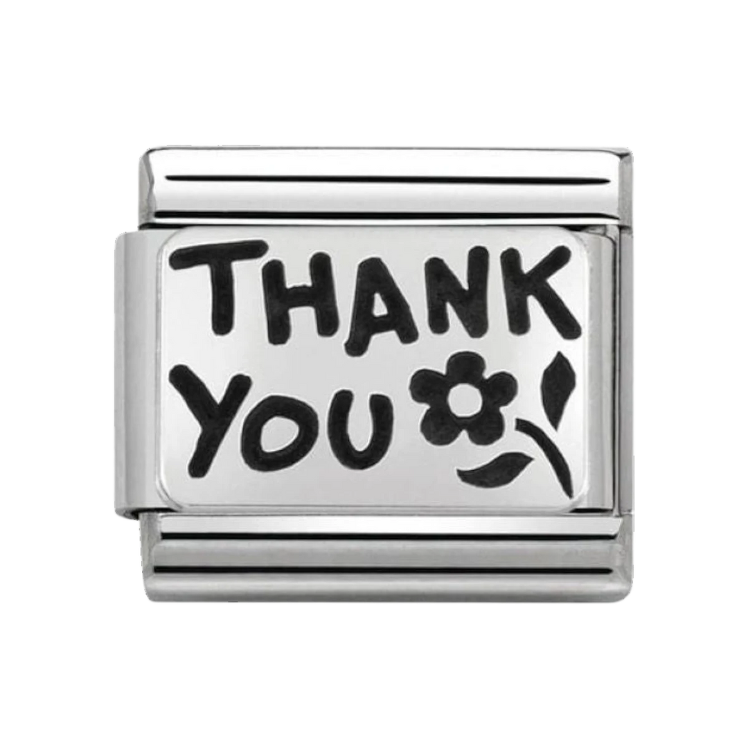 Niche Jewellery silver oxidised charm with 'Thank You' text and a flower design.