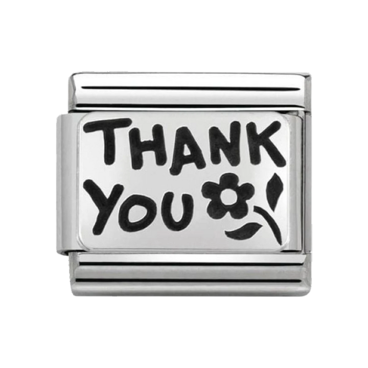Niche Jewellery silver oxidised charm with 'Thank You' text and a flower design.