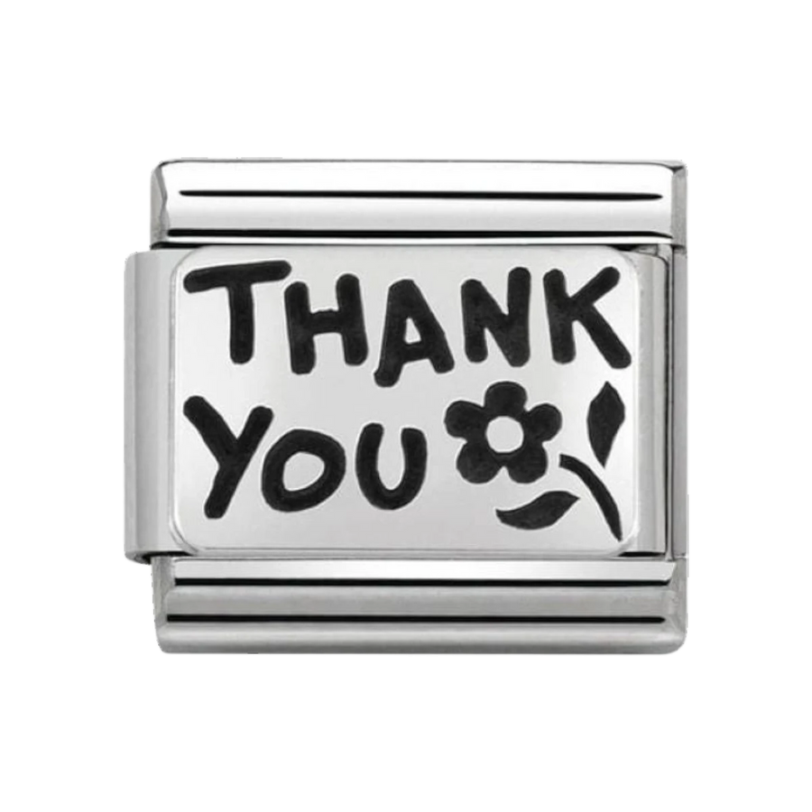 Niche Jewellery silver oxidised charm with 'Thank You' text and a flower design.