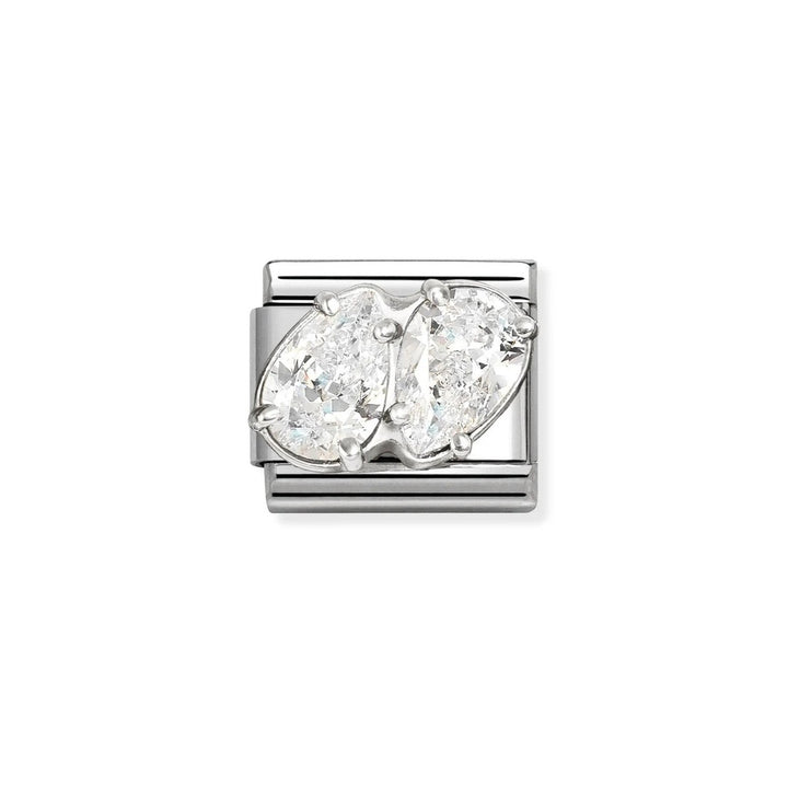 Niche Jewellery Nomination Classic silver charm with two white teardrop-shaped cubic zirconia stones.