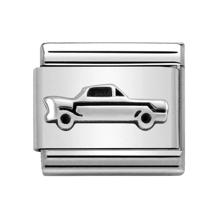 Niche Jewellery sterling silver oxidised vintage car charm with detailed engraving. Perfect for car enthusiasts.