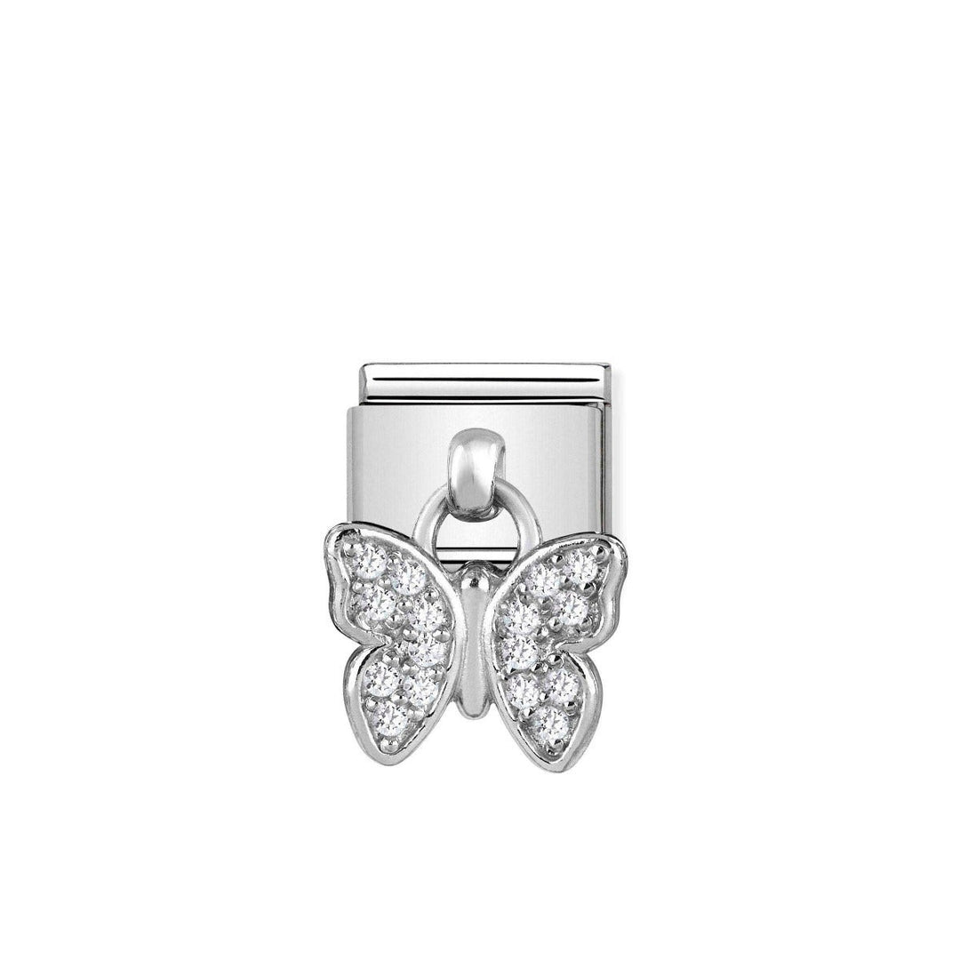 Niche Jewellery silver charm with a drop butterfly motif adorned with white zirconia stones.