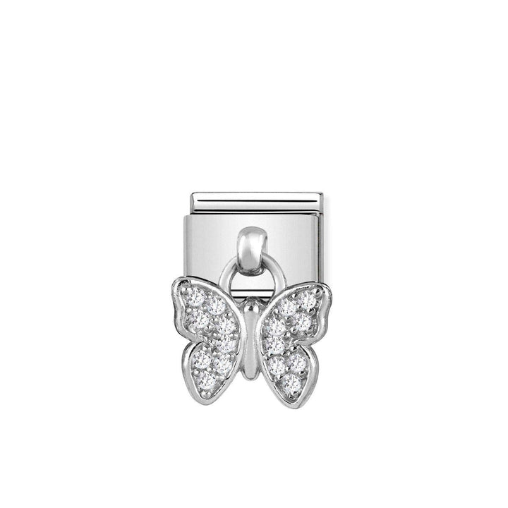 Niche Jewellery silver charm with a drop butterfly motif adorned with white zirconia stones.